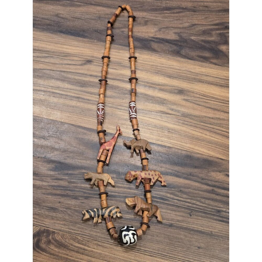 Safari Animal Necklace Carved Wood Beads Giraffe Zebra Lion Elephant Boho Tribal - Picture 2 of 9